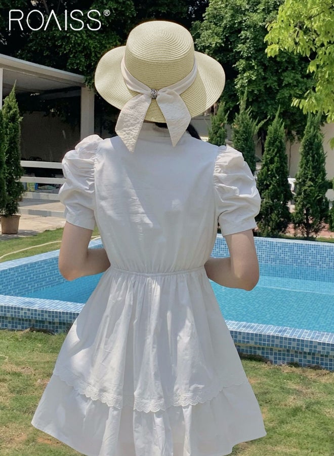 Holiday Straw Beach Hat for Women Wide Brim Bow Ribbon Boater Hat Flat Top Classic Sun Hat for Summer Beige