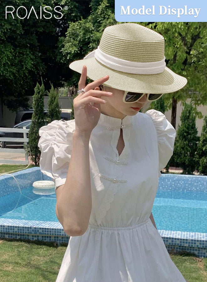 Holiday Straw Beach Hat for Women Wide Brim Bow Ribbon Boater Hat Flat Top Classic Sun Hat for Summer Beige