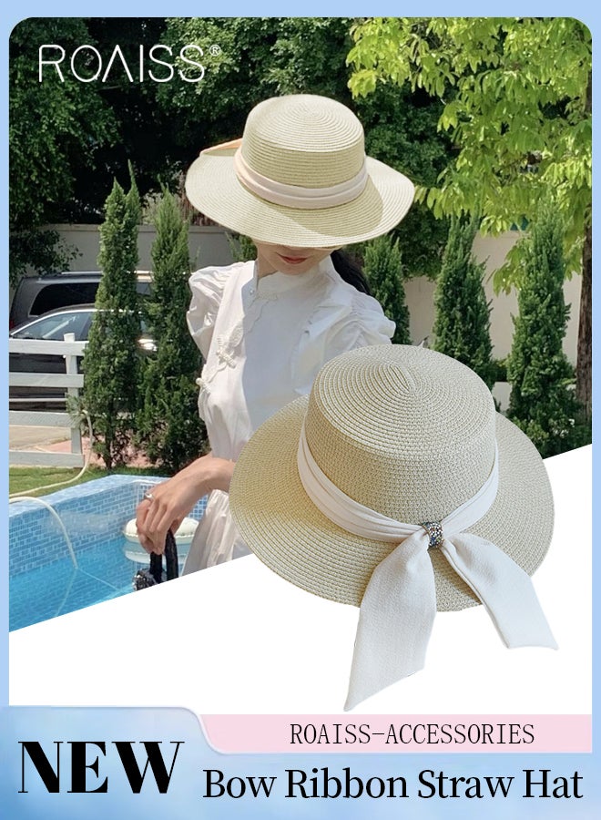 Holiday Straw Beach Hat for Women Wide Brim Bow Ribbon Boater Hat Flat Top Classic Sun Hat for Summer Beige