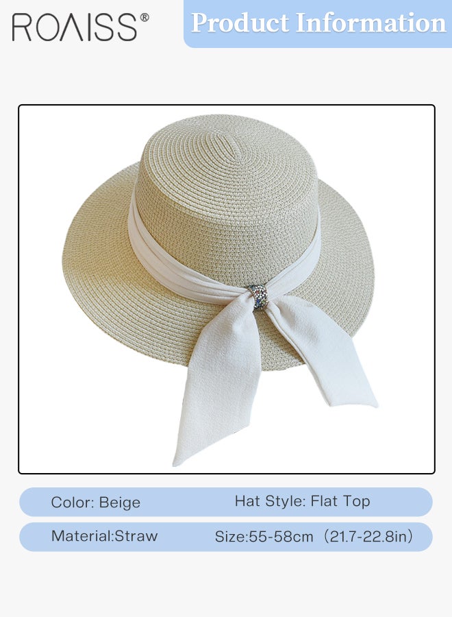 Holiday Straw Beach Hat for Women Wide Brim Bow Ribbon Boater Hat Flat Top Classic Sun Hat for Summer Beige