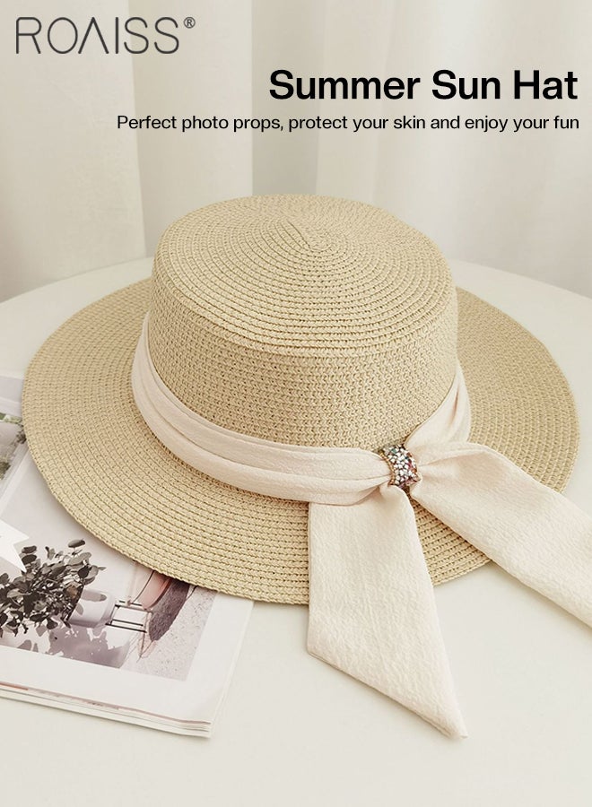 Holiday Straw Beach Hat for Women Wide Brim Bow Ribbon Boater Hat Flat Top Classic Sun Hat for Summer Beige