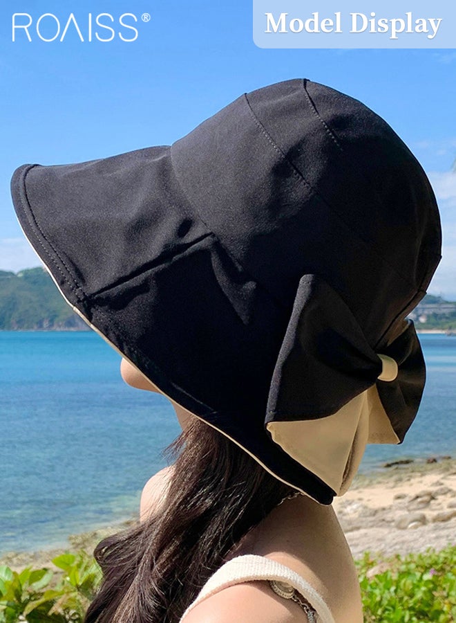 Wide Brim Bowknot Bucket Hat for Women Foldable Lightweight Breathable Sun Hat with UV Protection for Summer Beach Outdoor