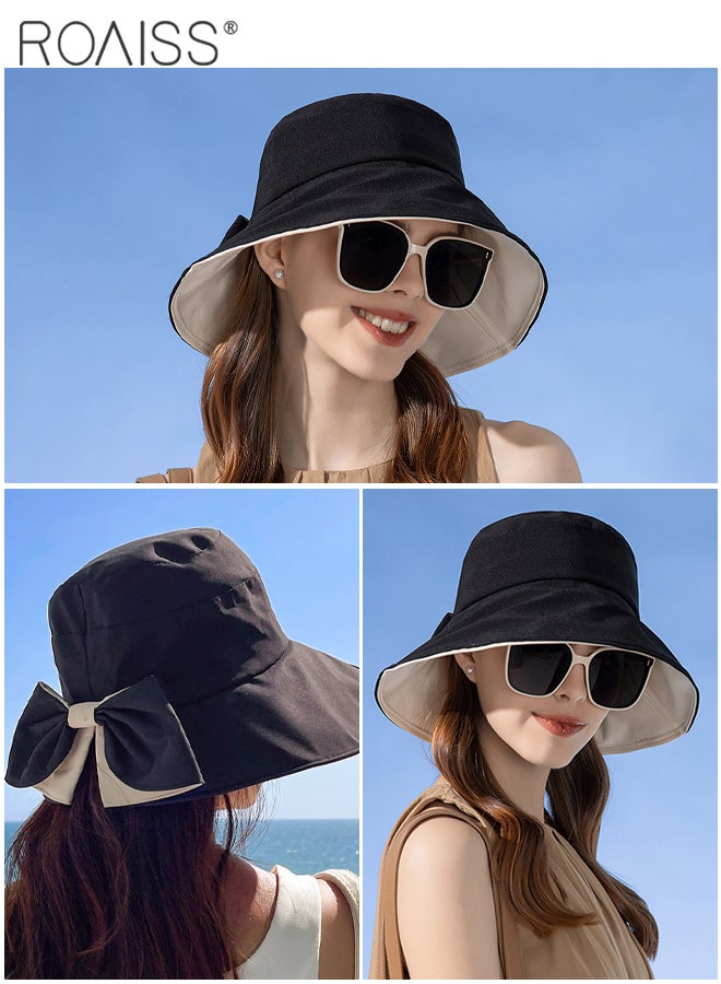 Wide Brim Bowknot Bucket Hat for Women Foldable Lightweight Breathable Sun Hat with UV Protection for Summer Beach Outdoor