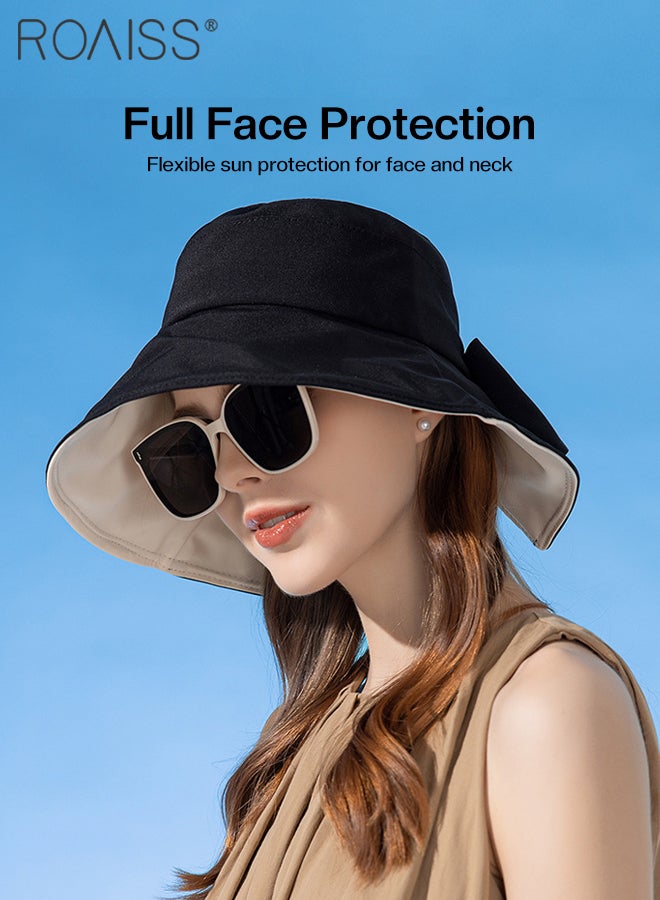 Wide Brim Bowknot Bucket Hat for Women Foldable Lightweight Breathable Sun Hat with UV Protection for Summer Beach Outdoor