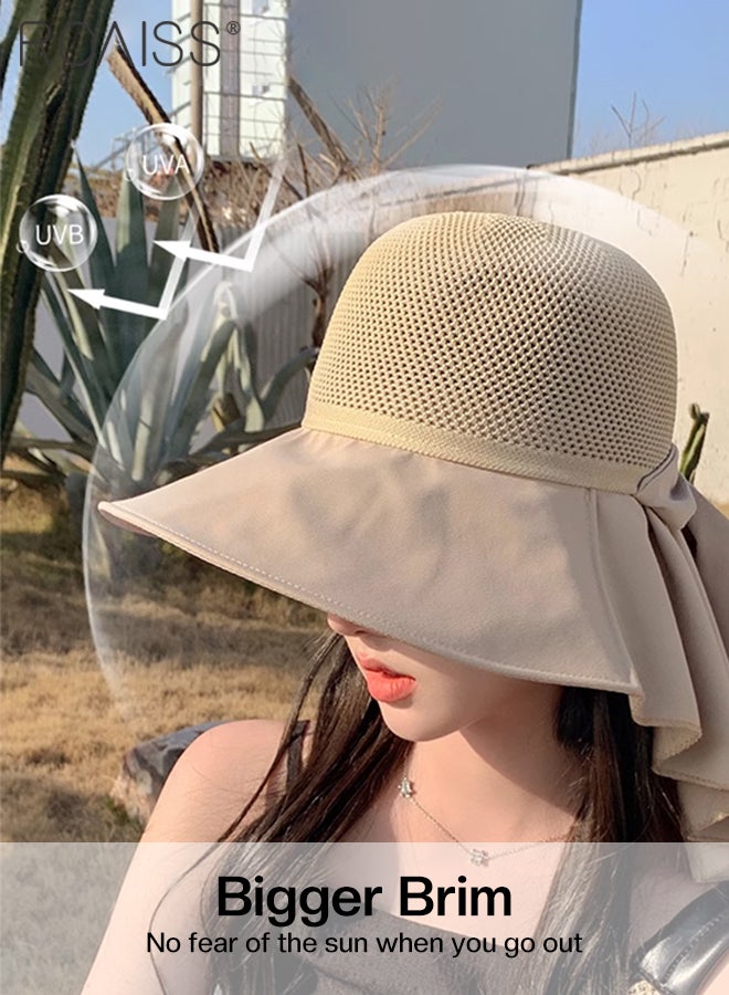 Women's Bucket Hat with Shawl Breathable Hollow Cut Knitted Sun Hat Wide Brim UPF50+ Sun Protection Cap Packable Summer Beach Outdoor Hat for Women
