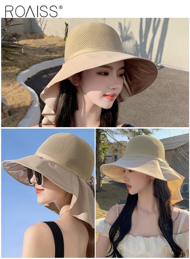 Women's Bucket Hat with Shawl Breathable Hollow Cut Knitted Sun Hat Wide Brim UPF50+ Sun Protection Cap Packable Summer Beach Outdoor Hat for Women