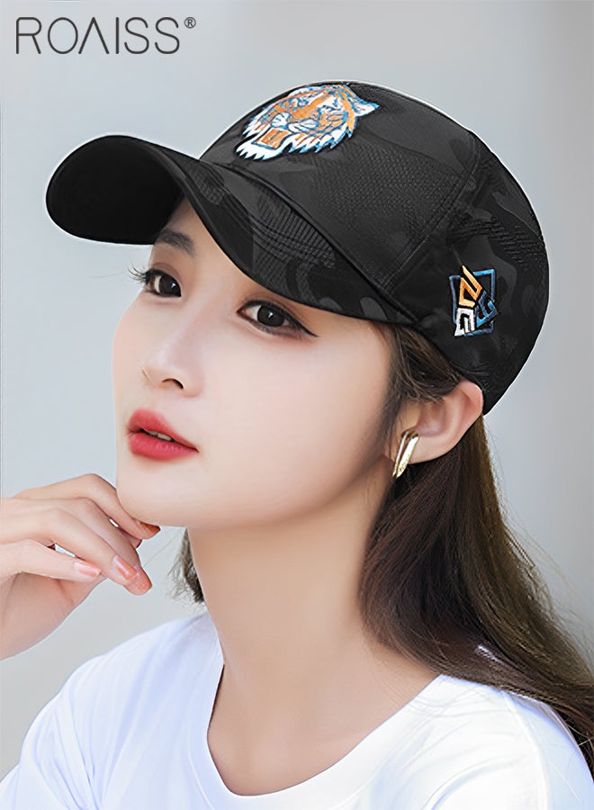 Tiger Embroidered Baseball Cap for Men Women, Adjustable Cotton Sun Hat Black Camouflage Fabric Cap One Size