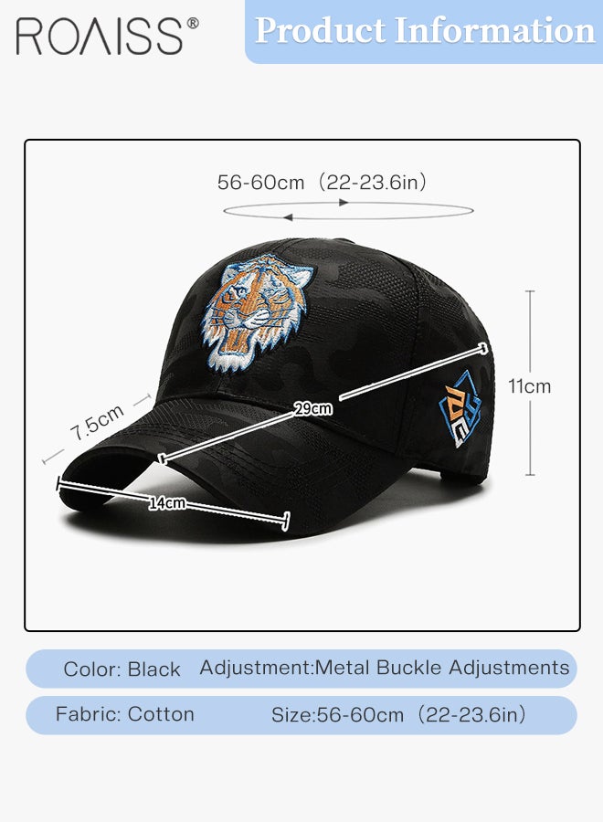 Tiger Embroidered Baseball Cap for Men Women, Adjustable Cotton Sun Hat Black Camouflage Fabric Cap One Size