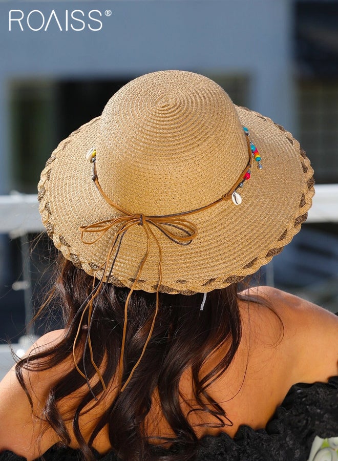 Braided Trim Wide Brim Hat Shell Beads Decor Sun Protection Vacation Fashion Straw Hat for Women Summer Beach Foldable Cap Khaki