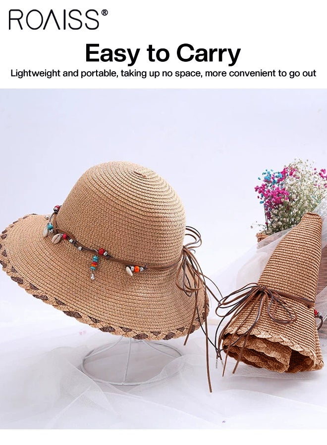 Braided Trim Wide Brim Hat Shell Beads Decor Sun Protection Vacation Fashion Straw Hat for Women Summer Beach Foldable Cap Khaki