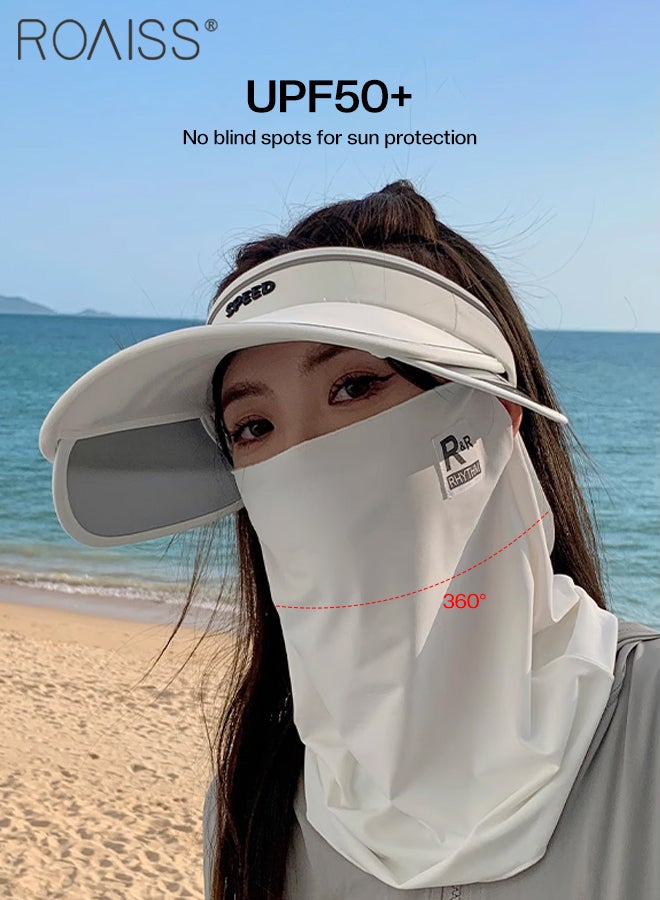 Sun Hat and Face Covering Set for Women Sun Visor Hat with Retractable Brim UPF50+ Sun Protection Empty Top Golf Visor Cap Tennis Running Sunshade Hat with Ear Hanging Ice Silk Mask