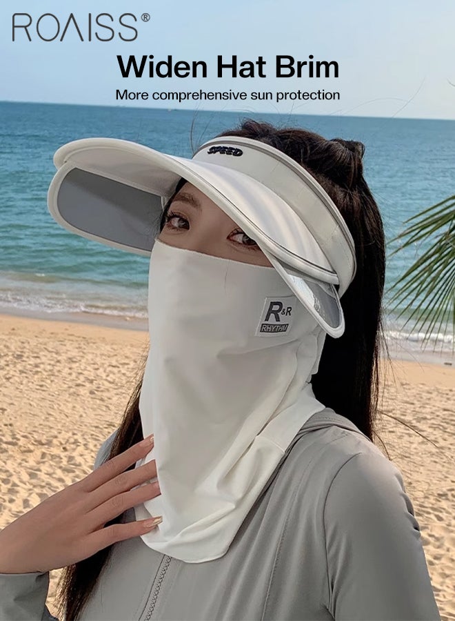 Sun Hat and Face Covering Set for Women Sun Visor Hat with Retractable Brim UPF50+ Sun Protection Empty Top Golf Visor Cap Tennis Running Sunshade Hat with Ear Hanging Ice Silk Mask