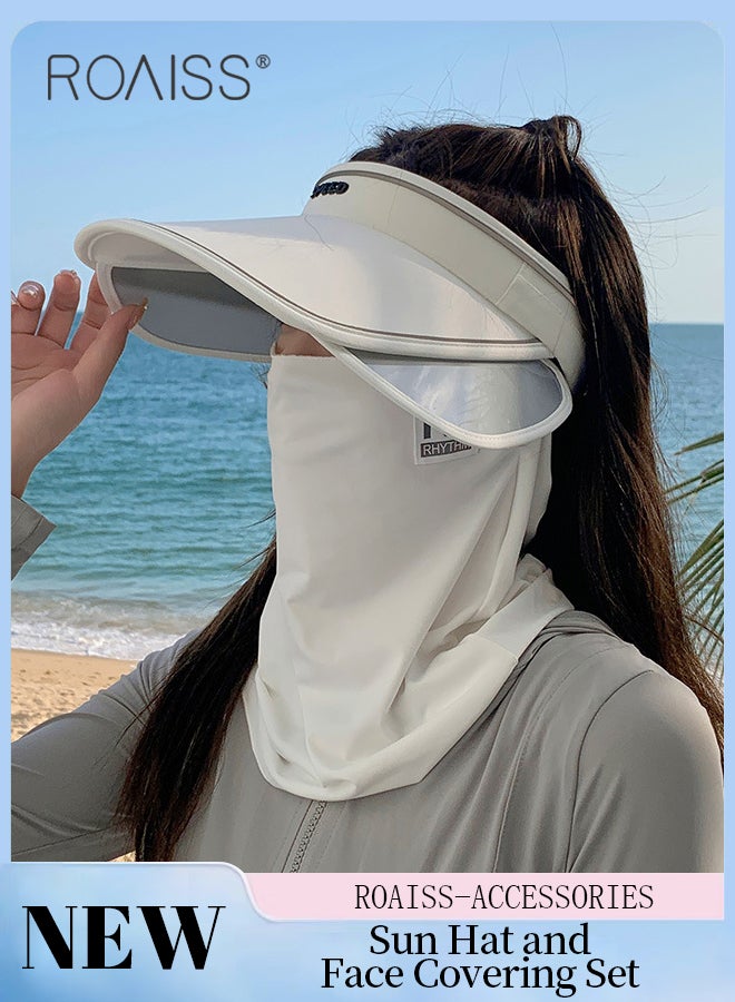 Sun Hat and Face Covering Set for Women Sun Visor Hat with Retractable Brim UPF50+ Sun Protection Empty Top Golf Visor Cap Tennis Running Sunshade Hat with Ear Hanging Ice Silk Mask