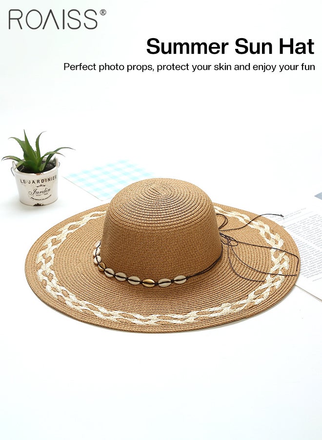 Braided Trim Wide Brim Hat Shell Decor Sun Protection Vacation Fashion Straw Hat for Women Summer Beach Foldable Cap Khaki