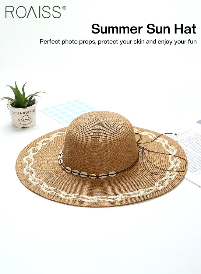 Braided Trim Wide Brim Hat for Women Shell Decor Sun Protection Vacation Fashion Straw Hat for Ladies Summer Beach Foldable Cap Khaki