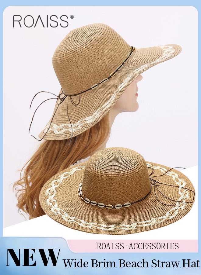 Braided Trim Wide Brim Hat for Women Shell Decor Sun Protection Vacation Fashion Straw Hat for Ladies Summer Beach Foldable Cap Khaki