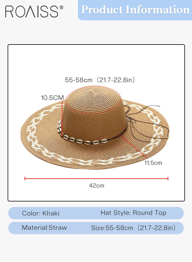 Braided Trim Wide Brim Hat Shell Decor Sun Protection Vacation Fashion Straw Hat for Women Summer Beach Foldable Cap Khaki