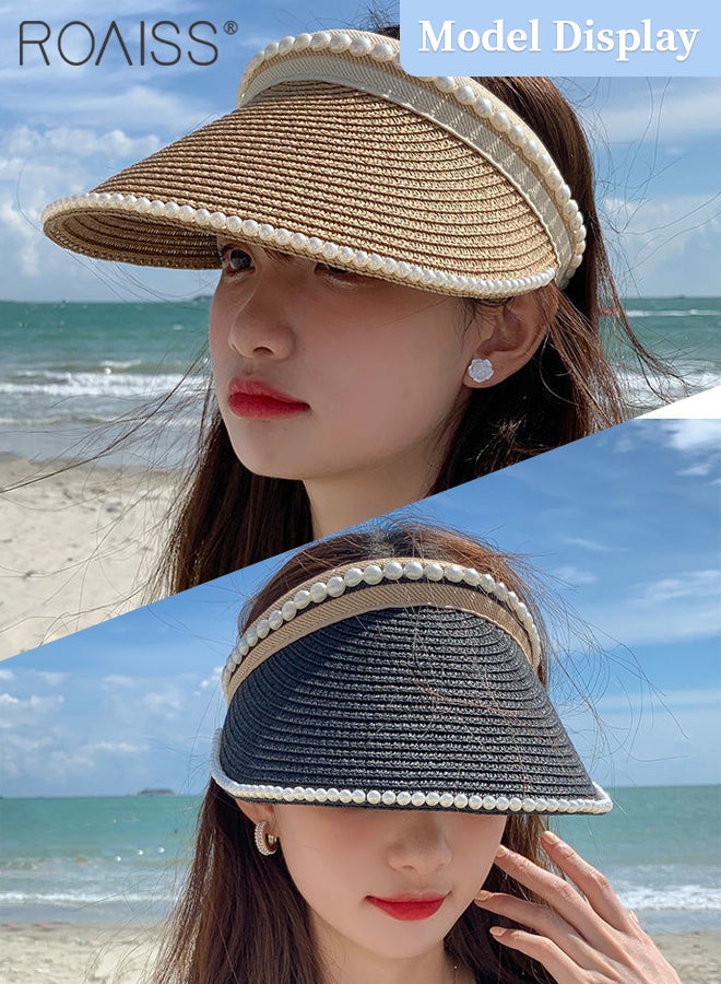 2 Pcs Empty Top Pearl Straw Hat for Women Lady's Portable Beach Pearl Decor Sun Hat Casual Golf Beach Cap Wide Brim Outdoor Hat Garden Fishing Hiking