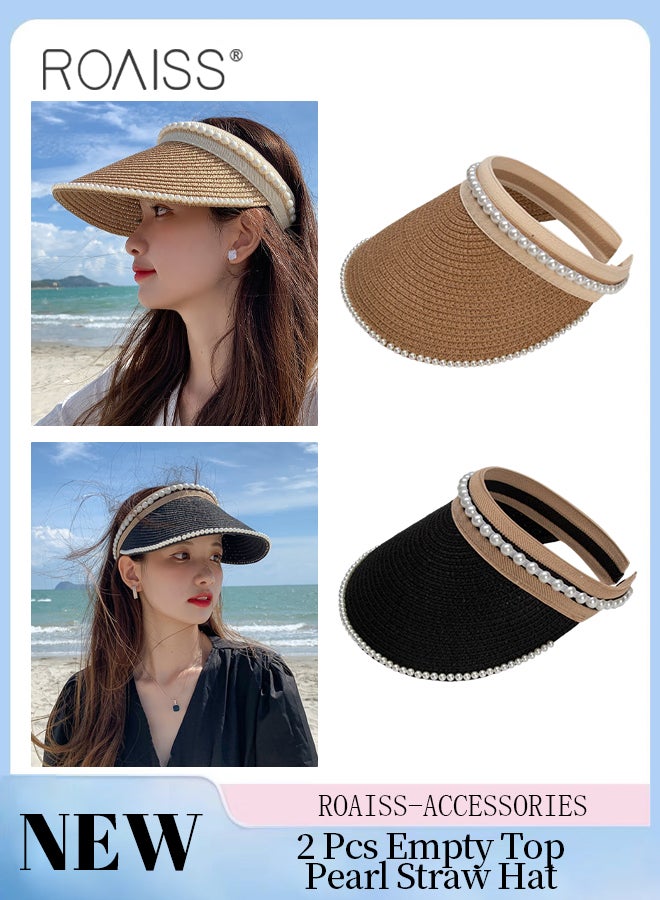2 Pcs Empty Top Pearl Straw Hat for Women Lady's Portable Beach Pearl Decor Sun Hat Casual Golf Beach Cap Wide Brim Outdoor Hat Garden Fishing Hiking