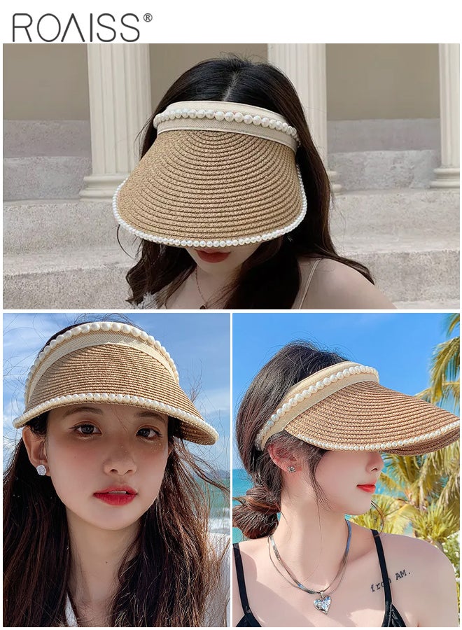 2 Pcs Empty Top Pearl Straw Hat for Women Lady's Portable Beach Pearl Decor Sun Hat Casual Golf Beach Cap Wide Brim Outdoor Hat Garden Fishing Hiking