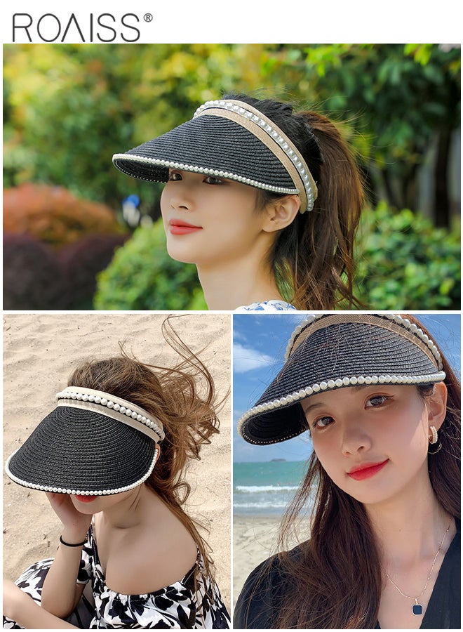 2 Pcs Empty Top Pearl Straw Hat for Women Lady's Portable Beach Pearl Decor Sun Hat Casual Golf Beach Cap Wide Brim Outdoor Hat Garden Fishing Hiking