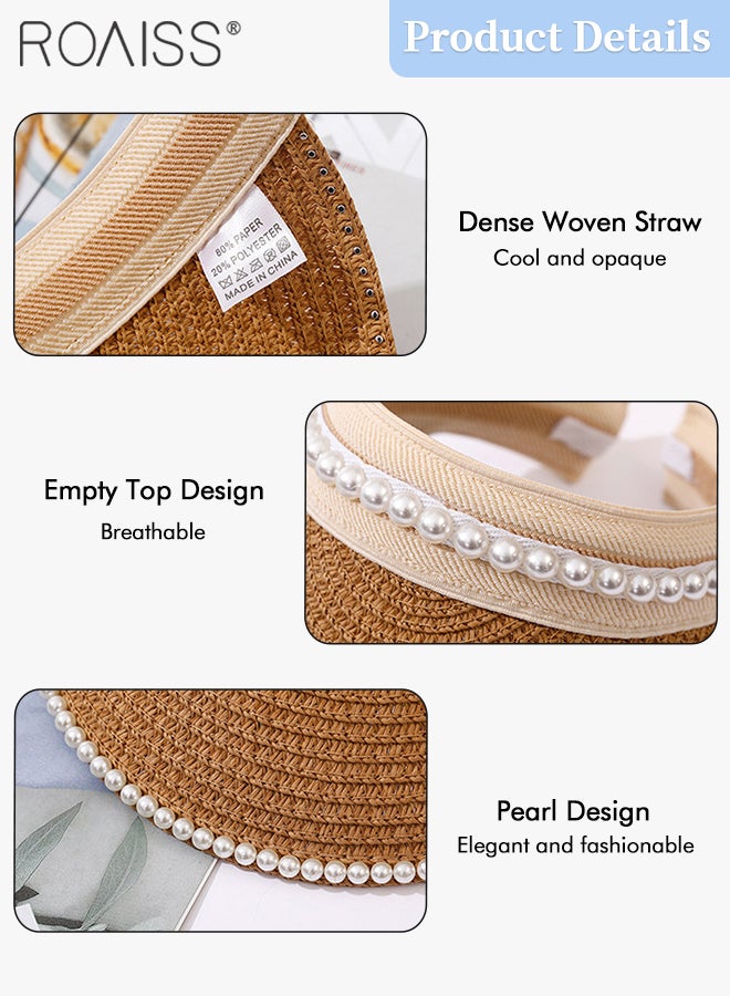 2 Pcs Empty Top Pearl Straw Hat for Women Lady's Portable Beach Pearl Decor Sun Hat Casual Golf Beach Cap Wide Brim Outdoor Hat Garden Fishing Hiking