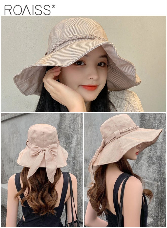 Wide Brim Bucket Hat with Twisted Bowknot for Women - Foldable Lightweight Breathable Striped Sun Hat with UV Protection for Summer Beach Outdoor