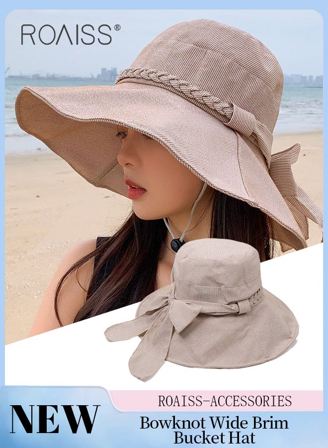 Wide Brim Bucket Hat with Twisted Bowknot for Women - Foldable Lightweight Breathable Striped Sun Hat with UV Protection for Summer Beach Outdoor