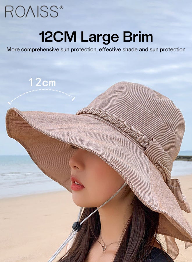 Wide Brim Bucket Hat with Twisted Bowknot for Women - Foldable Lightweight Breathable Striped Sun Hat with UV Protection for Summer Beach Outdoor