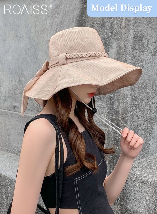 Wide Brim Bucket Hat with Twisted Bowknot for Women - Foldable Lightweight Breathable Striped Sun Hat with UV Protection for Summer Beach Outdoor