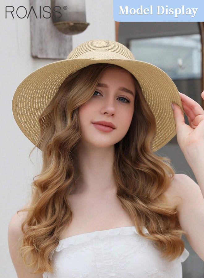 Boho Wide Brim Hat Floral Linen Ribbon Decor Sun Protection Vacation Fashion Straw Hat for Women Summer Beach Foldable Cap Beige