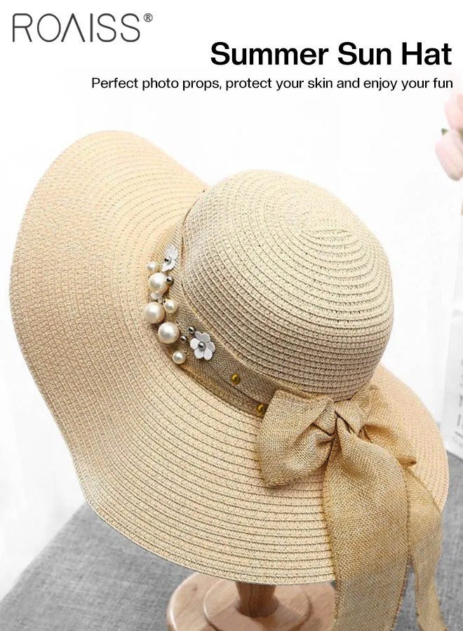 Boho Wide Brim Hat Floral Linen Ribbon Decor Sun Protection Vacation Fashion Straw Hat for Women Summer Beach Foldable Cap Beige
