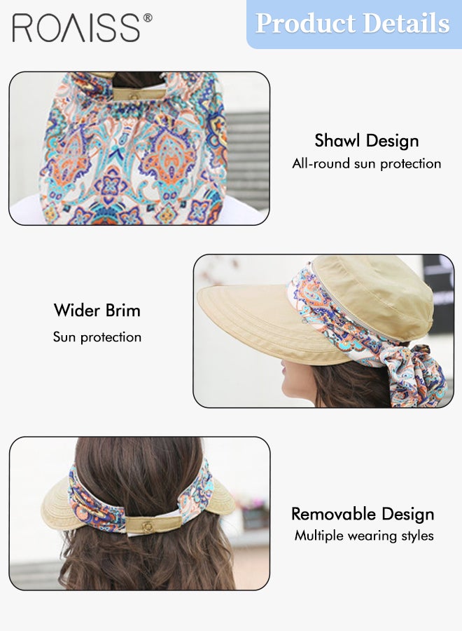 2 Pcs Detachable Anti-UV Sun Hat for Women Wide Brim Sun Protection Hat Summer Outdoor Neck Shield Shawl Multi-function Ponytail Hat Beige and Khaki