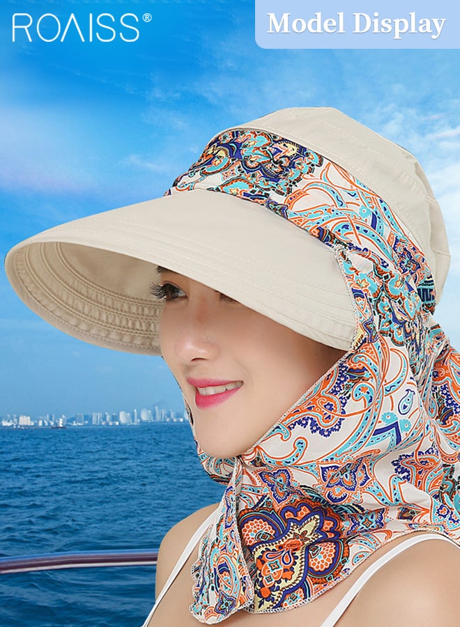 2 Pcs Detachable Anti-UV Sun Hat for Women Wide Brim Sun Protection Hat Summer Outdoor Neck Shield Shawl Multi-function Ponytail Hat Beige and Khaki