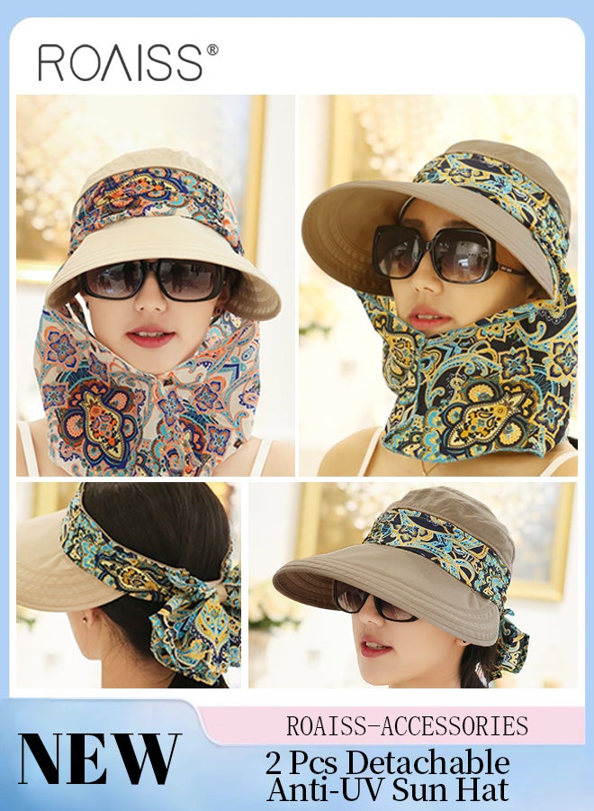 2 Pcs Detachable Anti-UV Sun Hat for Women Wide Brim Sun Protection Hat Summer Outdoor Neck Shield Shawl Multi-function Ponytail Hat Beige and Khaki