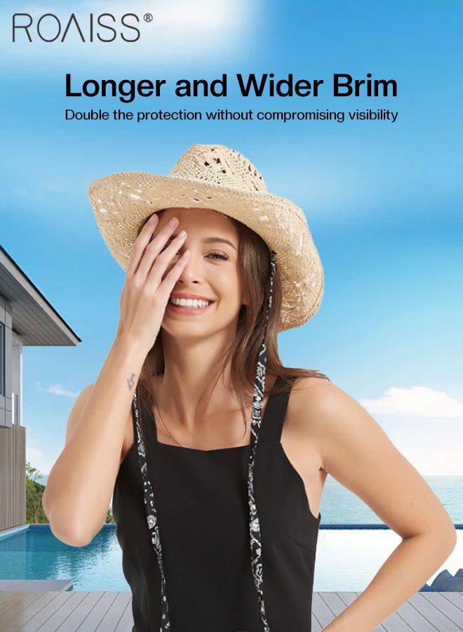 Straw Cowboy Hat for Women with Strap Breathable Western Cowgirl Shapeable Brim Sun Hat Summer Beach Outdoor Fashion Accessory