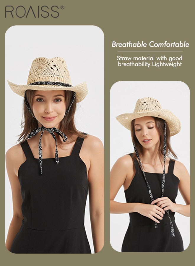 Straw Cowboy Hat for Women with Strap Breathable Western Cowgirl Shapeable Brim Sun Hat Summer Beach Outdoor Fashion Accessory