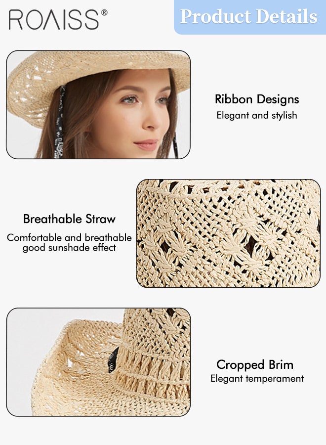 Straw Cowboy Hat for Women with Strap Breathable Western Cowgirl Shapeable Brim Sun Hat Summer Beach Outdoor Fashion Accessory