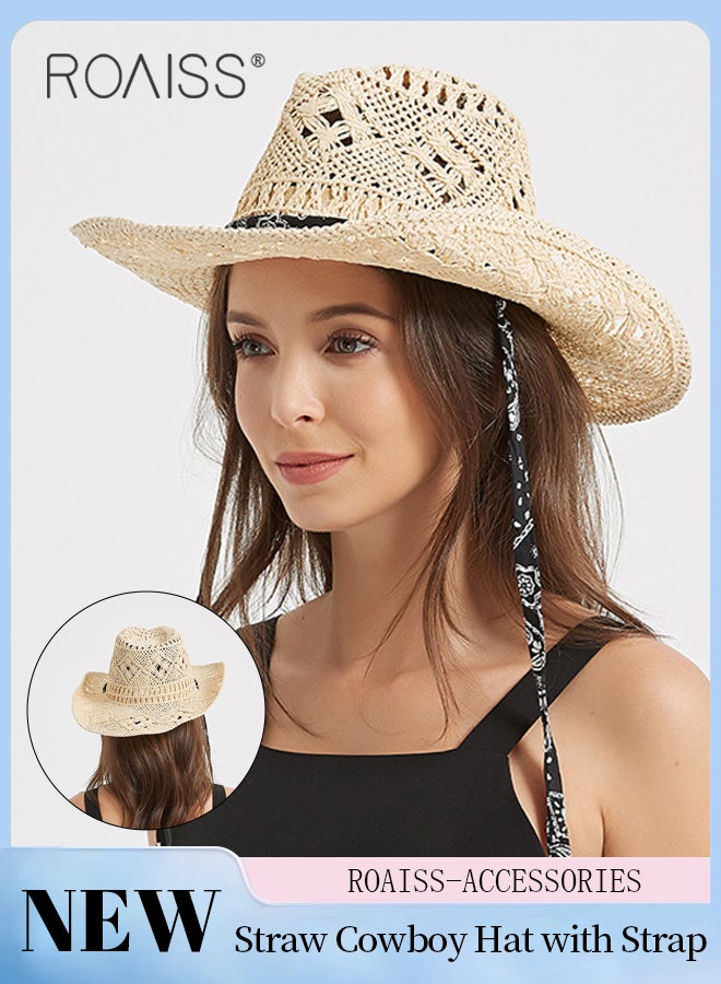 Straw Cowboy Hat for Women with Strap Breathable Western Cowgirl Shapeable Brim Sun Hat Summer Beach Outdoor Fashion Accessory