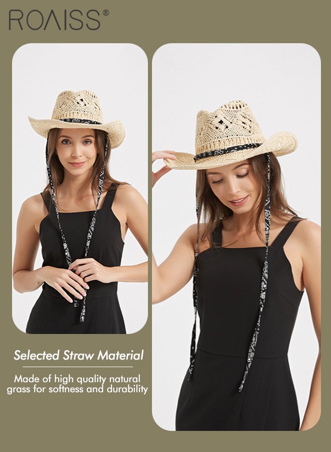 Straw Cowboy Hat for Women with Strap Breathable Western Cowgirl Shapeable Brim Sun Hat Summer Beach Outdoor Fashion Accessory