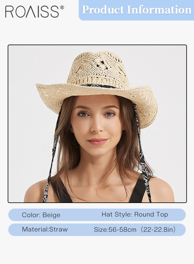 Straw Cowboy Hat for Women with Strap Breathable Western Cowgirl Shapeable Brim Sun Hat Summer Beach Outdoor Fashion Accessory