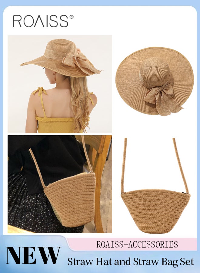 2 Pcs Straw Hat and Cotton Woven Bag Set Boho Style Bow Decor Straw Sun Hat Summer Floppy Beach Wide Brim Cap and Crossbody Vacation Beach Bag for Women