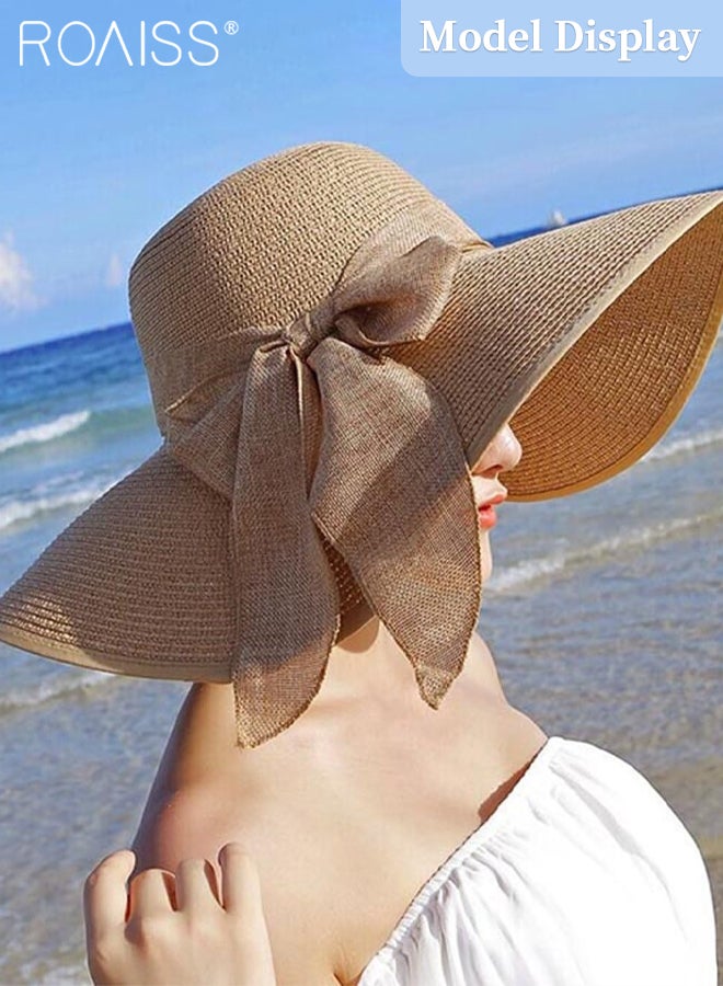 2 Pcs Straw Hat and Cotton Woven Bag Set Boho Style Bow Decor Straw Sun Hat Summer Floppy Beach Wide Brim Cap and Crossbody Vacation Beach Bag for Women