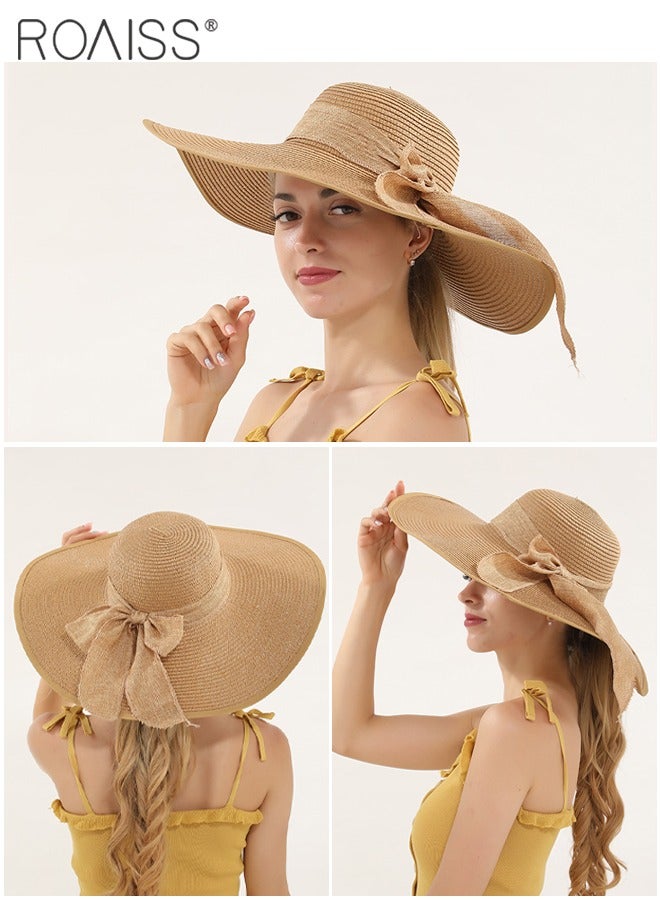 2 Pcs Straw Hat and Cotton Woven Bag Set Boho Style Bow Decor Straw Sun Hat Summer Floppy Beach Wide Brim Cap and Crossbody Vacation Beach Bag for Women