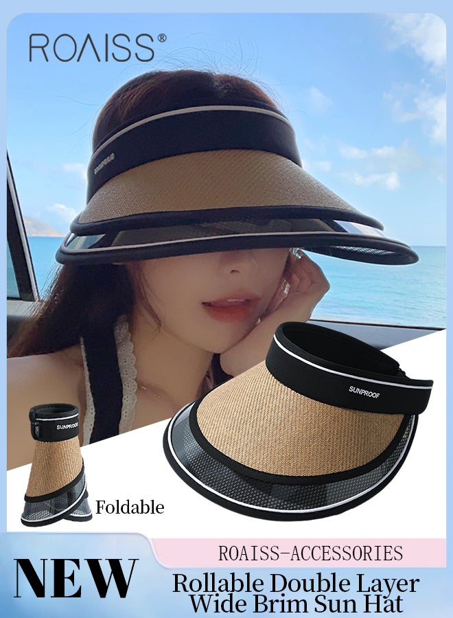 Double Layer Wide Brim Sun Hat for Women Rollable Empty Top UPF50+ Sun Protection Outdoor Sports Cycling Beach Sun Cap Adjustable Size