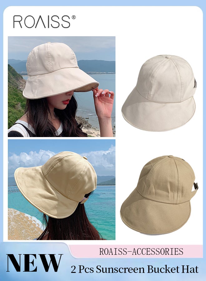 2 Pcs Sunscreen Bucket Hat for Women Wide Brim UV Protection Sun Hat Spring Summer Casual Travel Adjustable Packable Baseball Cap Ponytail Comfort Beige and Khaki