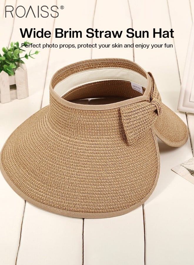 Women's Wide Brim Straw Hat with Bow Decor UV Protection Breathable Foldable Open Top Sun Visor Hat for Beach Vacation Packable Hat Floppy Cap Deep Style Adjustable Size