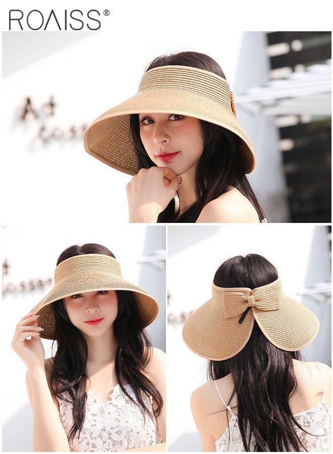 Women's Wide Brim Straw Hat with Bow Decor UV Protection Breathable Foldable Open Top Sun Visor Hat for Beach Vacation Packable Hat Floppy Cap Deep Style Adjustable Size