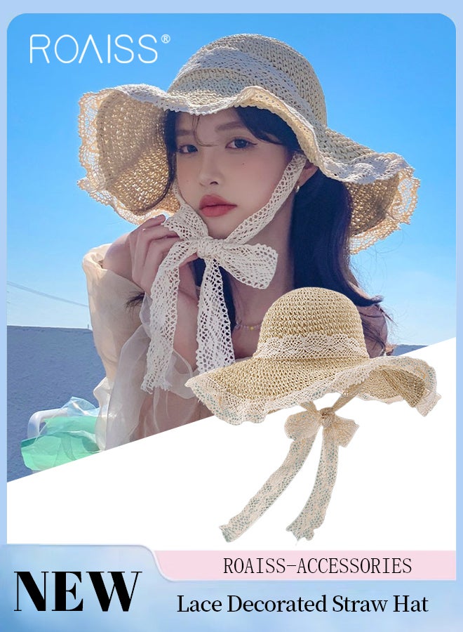 Big Floppy Sun Hat Summer Beach Straw Hat for Women Foldable Hollow Lace Trim Wide Brim Straw Hat with Chin Strap Beige