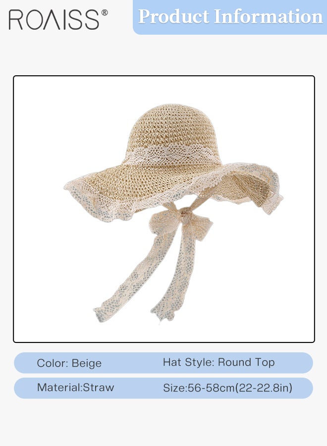 Big Floppy Sun Hat Summer Beach Straw Hat for Women Foldable Hollow Lace Trim Wide Brim Straw Hat with Chin Strap Beige